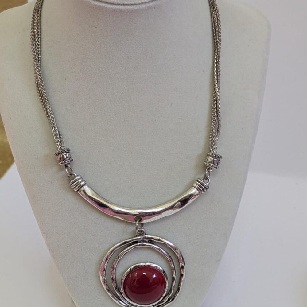 German Silver Necklace, Red Stone Pendant, Boho Tribal Jewelry, Ethnic Statement